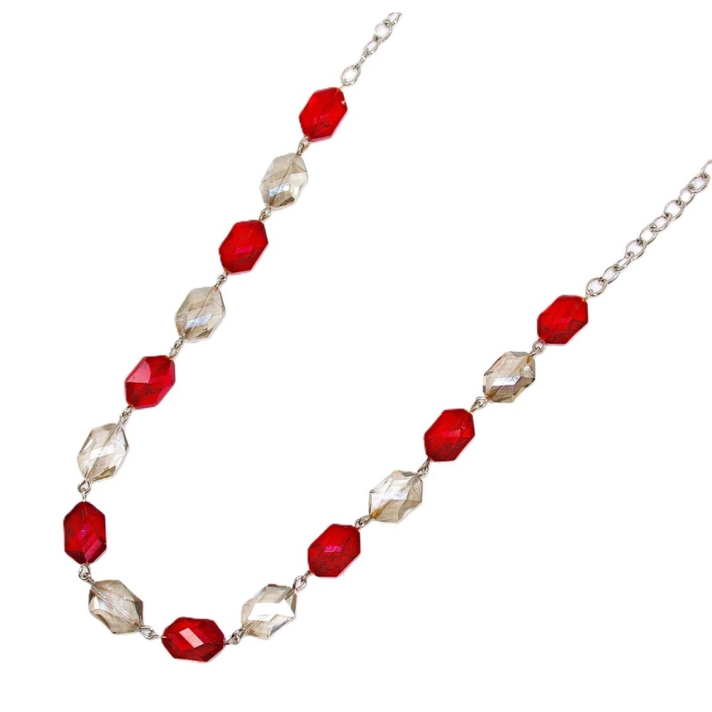 Sparkling red and gray glass bead necklace with hexagon shape beads New